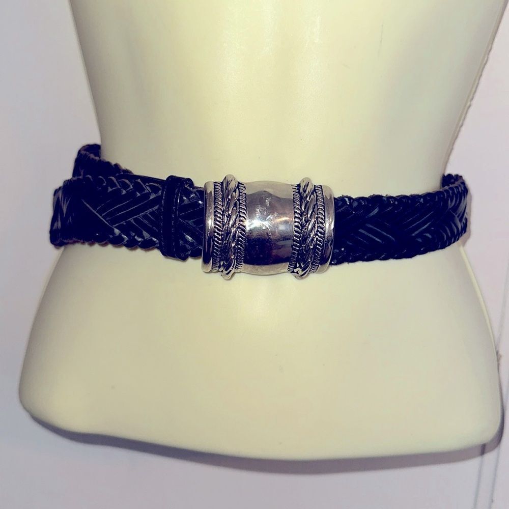 Vintage Ann Taylor black woven leather belt with silver barrel shaped buckle